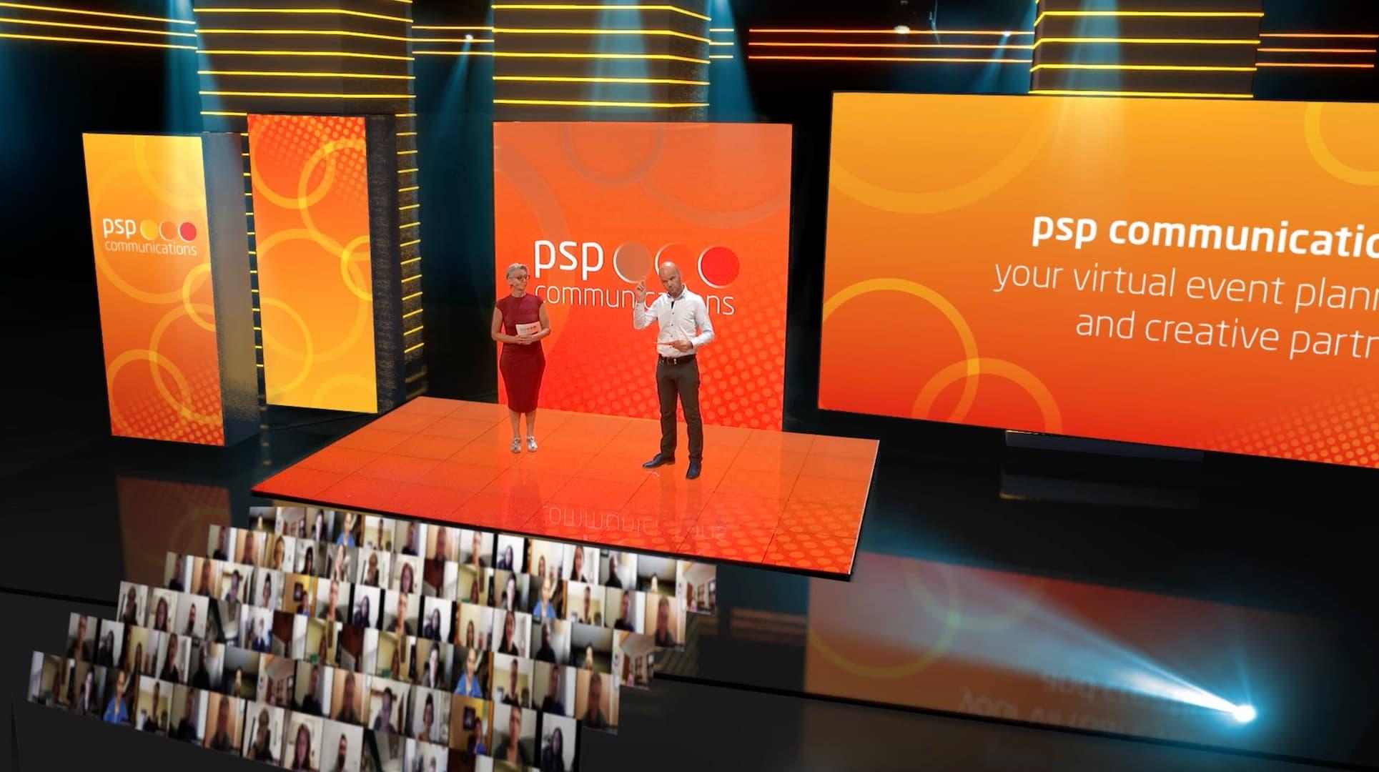 Virtueel event podium psp communications met publiek Virtueel event podium psp communications met publiek